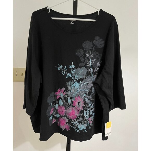NWT Breckenridge Womens 3/4 Sleeve Floral Print Tee 3X Black Cotton/Polyester - Picture 1 of 7